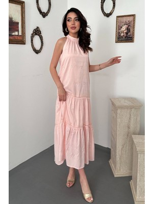 End Black Pembe Güpür Detaylı Kat Kat Maxi Elbise