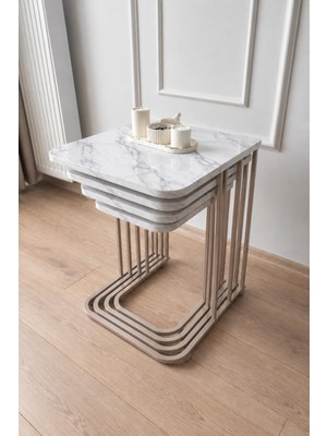 Eryalux Home 4'lü Tekerli Zigon Sehpa (Cappuccino-Carara)