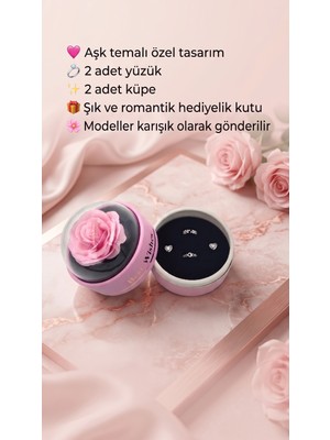 VizyonumVar Concept Premium Güllü Kutulu Aşk Temalı Takı Seti - 2 Adet Kararmaz Yüzük ve 1 Çift Kararmaz Küpe Içeren Romantik Hediye Kutusu