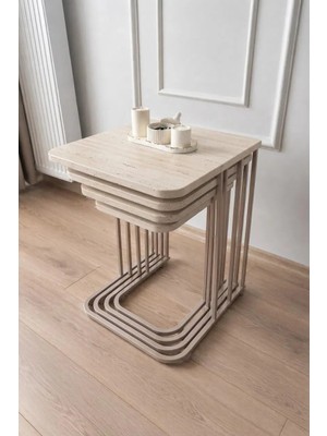 Eryalux Home 4'lü Tekerlekli Zigon Sehpa  (Cappuccino Metal - Traverten Ahşap)