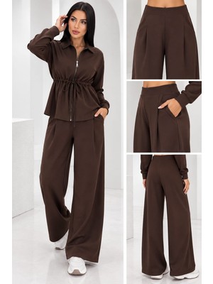 Motiv Bel Büzgülü Sweet/pile Detaylı Bol Paça Pantolonlu Ikili Takım