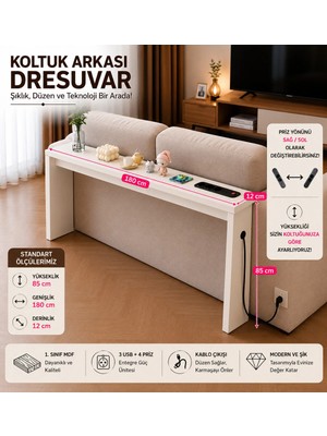 Trmuko Auratech Dresuar  & Usb-Tech Konsol Raf - 3 USB + 4 Priz Girişli Mdf Koltuk Arkası Raf Beyaz 180X85X12