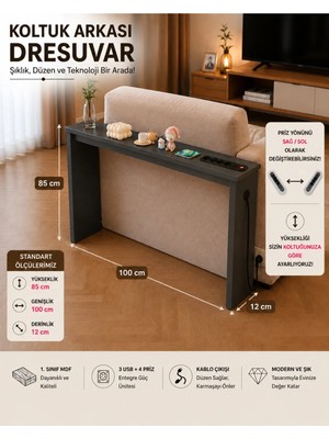 Trmuko Auratech Dresuar  & Usb-Tech Konsol Raf - 3 USB + 4 Priz Girişli Mdf Koltuk Arkası Raf Dresuar Antrasit 100X85X12