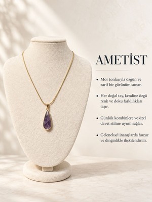 Solare Accessories Ametist Doğal Taş Kolye Damla Kesim Çelik Zincir Kolye