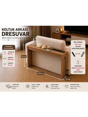 Trmuko Auratech Dresuar  & Usb-Tech Konsol Raf - 3 USB + 4 Priz Girişli Mdf Koltuk Arkası Raf Açık Ceviz 100X85X12