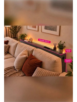 Trmuko 1. Sınıf Antrasit Mdf Auratech Led’li Koltuk Arkası Dresuar Prizli Şarjlı Raf Konsol 150X80X12