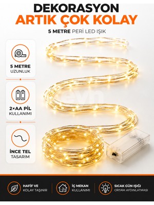 Zeyn Gross 5 Metre Pilli Peri LED Işık Gün Işığı Dekoratif Tel Aydınlatma 2×aa Kalem Pil ile Çalışan Oda Süsü