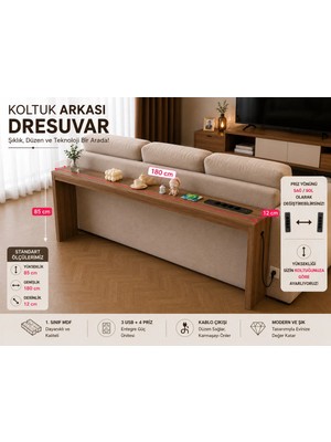 Trmuko Auratech Dresuar  & Usb-Tech Konsol Raf - 3 USB + 4 Priz Girişli Mdf Koltuk Arkası Raf Dresuar Ceviz 180X85X12