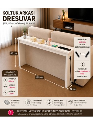 Trmuko Auratech Dresuar  & Usb-Tech Konsol Raf - 3 USB + 4 Priz Girişli Mdf Koltuk Arkası Raf Beyaz 150X85X12