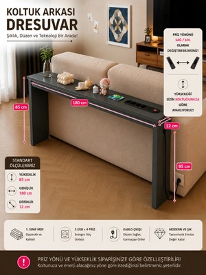 Trmuko Auratech Dresuar  & Usb-Tech Konsol Raf - 3 USB + 4 Priz Girişli Mdf Koltuk Arkası Raf Antrasit 180X85X12