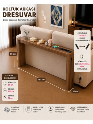 Trmuko Auratech Dresuar  & Usb-Tech Konsol Raf - 3 USB + 4 Priz Girişli Mdf Koltuk Arkası Raf Açık Ceviz 150X85X12