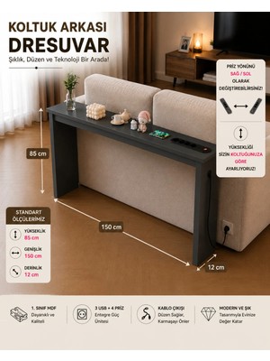 Trmuko Auratech Dresuar  & Usb-Tech Konsol Raf - 3 USB + 4 Priz Girişli Mdf Koltuk Arkası Raf Antrasit 150X85X12