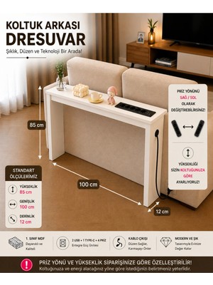 Trmuko Auratech Dresuar  & Usb-Tech Konsol Raf - 3 USB + 4 Priz Girişli Mdf Koltuk Arkası Raf Beyaz 100X85X12