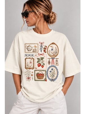 Vintage Retro Kolaj Baskılı Oversize Kadın T-Shirt