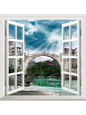 1001 Pencere Poster Duvar Kağıdı Mostar Köprüsü Yapışkanlı Sticker
