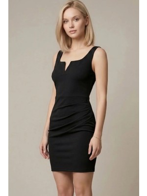 Lareon Kadın Drapeli Dar Kesim Scuba Krep Bodycon Mini Elbise - MEE1022