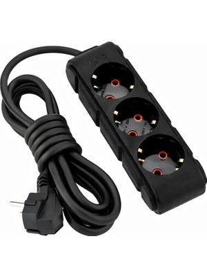 1001 3lü 2 Metre Kablolu Topraklı Grup Priz, 16A 250V, Üçlü Uzatma Kablosu Siyah Renk