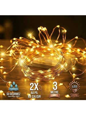 1001 3 Metre Peri LED (2 Adet) Gün Işığı Sarı Pilli Dekoratif Aydınlatma Süsleme Parti LED Işık