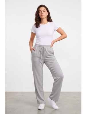 1001 Kadın Pantolon Beli Lastikli Cepli Rahat Kalıp Kadın Spor Pantolon (Düz, Standart)