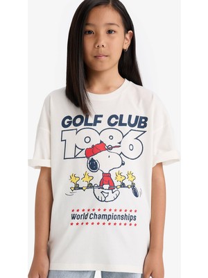 1001 DEFACTO%100 Pamuk Snoopy Oversize Geniş Kalıp Bisiklet Yaka Kısa Kollu Tişört Kız Çocuk E9655