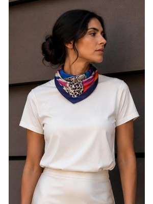 1001 Leoparlı Tropik Yaprak Desen Saks-Fuşya Soft Bandana Fular 50X50 cm