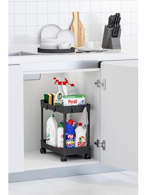1001 Siyah 2 Katlı Tekerlekli Düzenleyici Mutfak ve Banyo Rafı