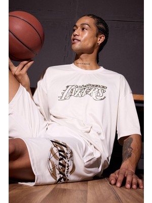 1001 Nba Los Angeles Lakers Oversize Geniş Kalıp Bisiklet Yaka Sırt Baskılı Kısa Kollu Tişört E03