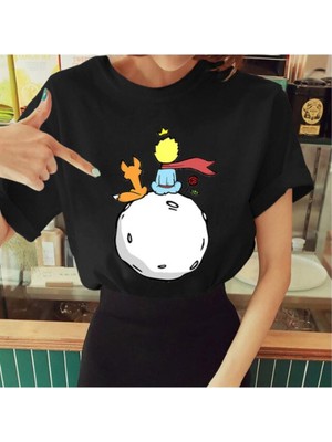 1001 Kadın Beyaz Küçük Prens Baskılı Bisiklet Yaka Oversize Geniş Kalıp T-Shirt Tişört