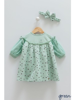 Caramell Incibaby % 100 Pamuk Kız Bebek Içi Astarlı Fermuarlı Elbise ve Bandana 2'li Set