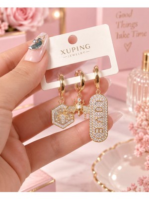 Tcey Kadın Rose Gold Taşlı Arı ve Örümcek Figürlü Üçlü Halka Küpe Seti