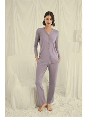 Ang Butik Uzun Kollu Boydan Düğmeli V Yaka Pijama Takımı