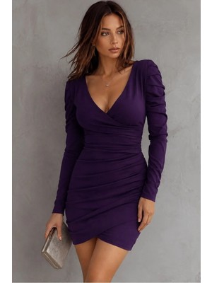Cotton Soft Kadın Kadife Kumaş V Yaka Uzun Kollu Abiye Elbise