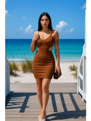 Cotton Soft Kadın Krep Kumaş V Yaka Kemerli Mini Askılı Elbise
