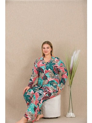 Büyük Beden Renkli Yaprak Desenli Düğmeli Uzun Kol Viskon Pijama Takımı