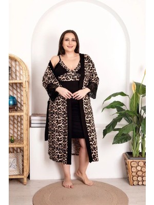 Veraura Lifestyle Büyük Beden Leopar Desenli Dantel Işlemeli 2'li Viskon Gecelik Sabahlık Takımı
