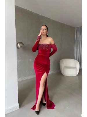 Cotton Soft Kadın Esnek Kadife Kumaş Yırtmaçlı Uzun Kollu Abiye Elbise