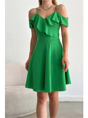 Cotton Soft Kadın Esnek Krep Kumaş Kruvaze Yaka Volanlı Abiye Elbise