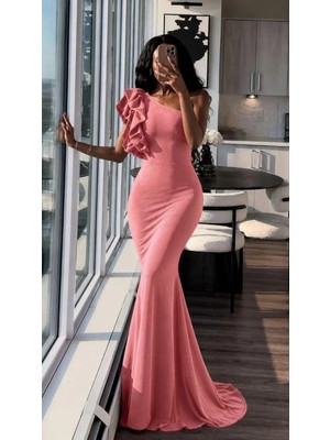 Veraura Lifestyle Kadın Tek Omuz Volanlı Balık Kesim Abiye Elbise