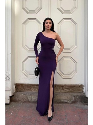 Elitse Kadın Trend Model Simli Kumaş Asimetrik Yaka Drapeli Tek Kollu Elbise