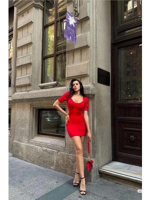 Veraura Lifestyle Kadın Özgün Tasarım Kare Yaka Mini Balon Kollu Elbise
