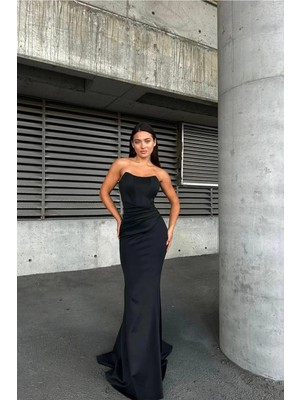 Cotton Soft Kadın Trend Tasarım Esnek Likralı Kumaş Straplez Maxi Abiye Elbise
