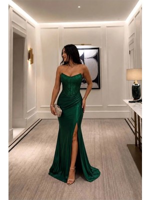 Cotton Soft Kadın Straplez Yırtmaçlı Abiye Elbise