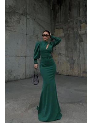 Cotton Soft Kadın Trend Model Simli Kumaş Degaje Yaka Dekolteli Maxi Abiye Elbise