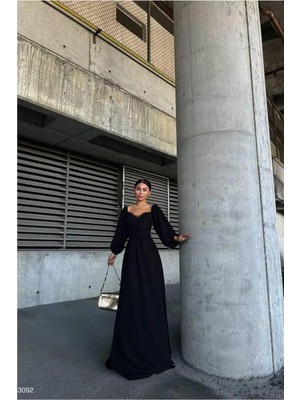 Veraura Lifestyle Kadın Şık Detay Saten Kumaş Kare Yaka Maxi Abiye Elbise