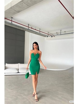 Veraura Lifestyle Kadın Yeni Sezon Straplez Yırtmaçlı Mini Abiye Elbise