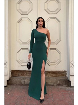 Semel Kadın Trend Model Simli Kumaş Asimetrik Yaka Drapeli Tek Kollu Elbise