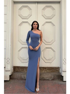 Veraura Lifestyle Kadın Trend Model Simli Kumaş Asimetrik Yaka Drapeli Tek Kollu Elbise