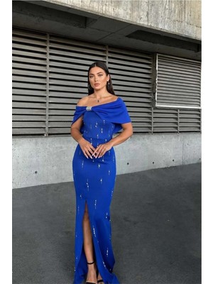 Cotton Soft Kadın Tasarım Dik Yaka Taş Detaylı Maxi Abiye Elbise