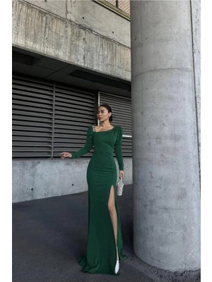 Semel Kadın Modern Stil Kayık Yaka Taş Detaylı Uzun Kollu Abiye Elbise