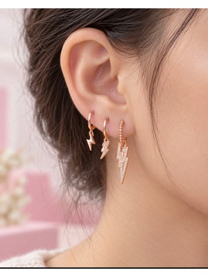 Tcey Kadın Rose Gold Taşlı Şimşek Charm Üçlü Küpe Seti